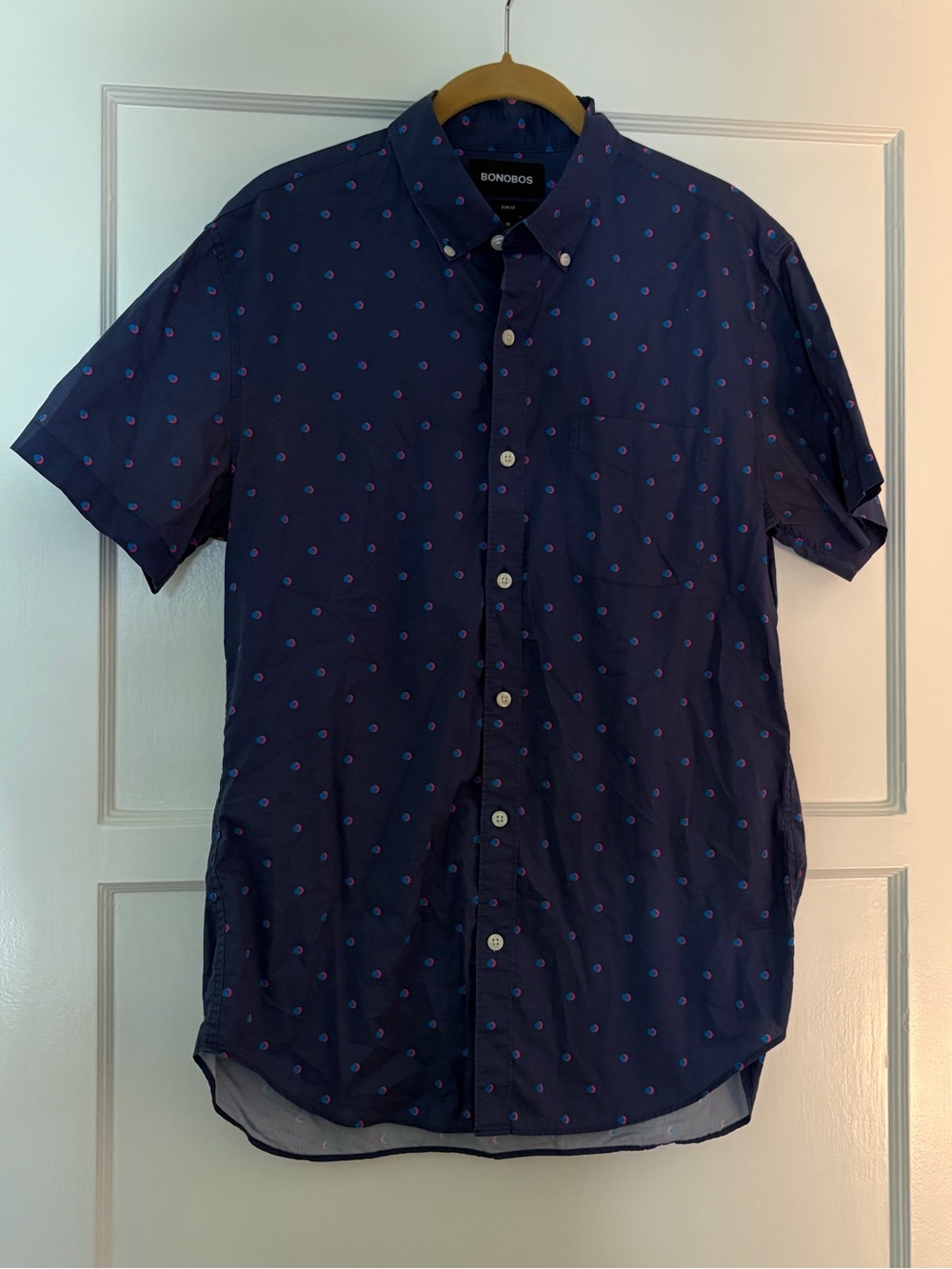 Bonobos Navy Short-Sleeve Button-Down Slim Fit Shirt with Pink & Blue Micro Dots